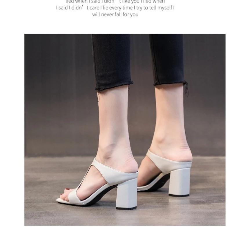Women's Fashion Slippers Square Toe Solid Square Heel 34-42 Shoes Women Dress Outdoor 7cm Heel High Concise Zapatillas De Mujer