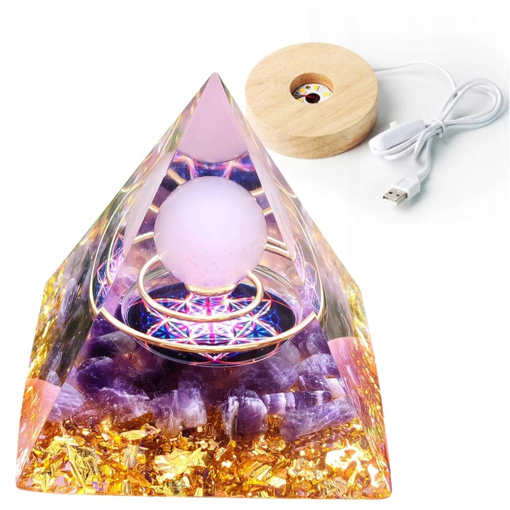 Pyramid Orgonite + Led Lamp Base 5Cm Crystal Stones Amulet 5Cm Hx08