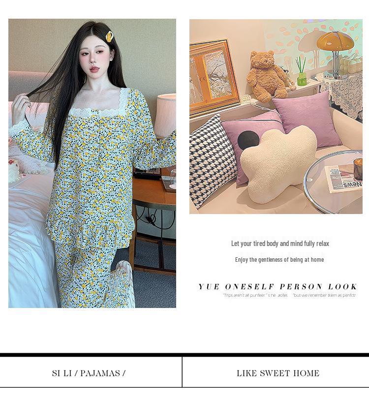 Yellow Sweet Princess Long Pajamas with Chest Pad - Korean Cloud Cotton, Plus Size, Spring/Autumn Style