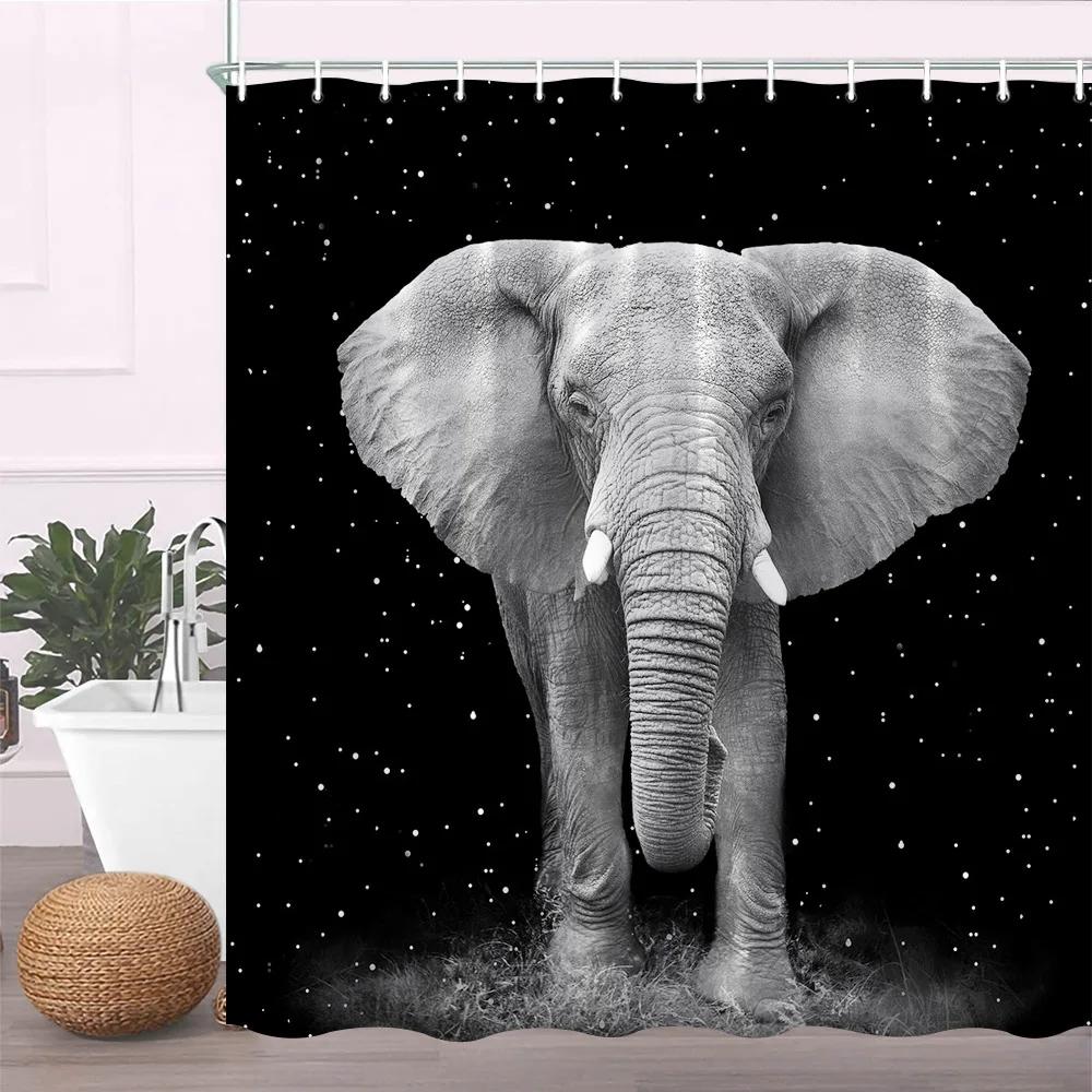 Art Elephant Shower Curtain Africa Wild Animal Black Fantasy Background Fabric Bathroom Decor Bathroom Accessories with Hooks