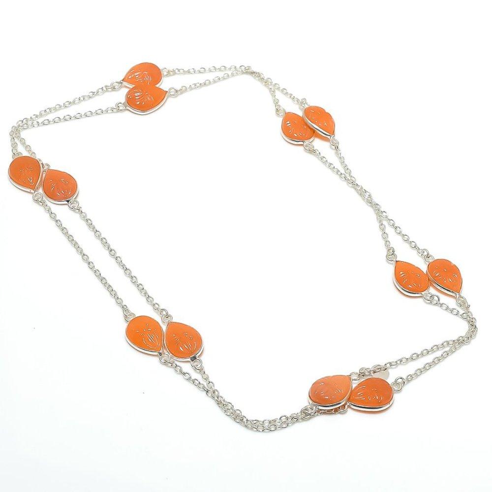 Natural Orange Carnelian Gemstone 925 Sterling Silver Gift Necklace 18" H6d83