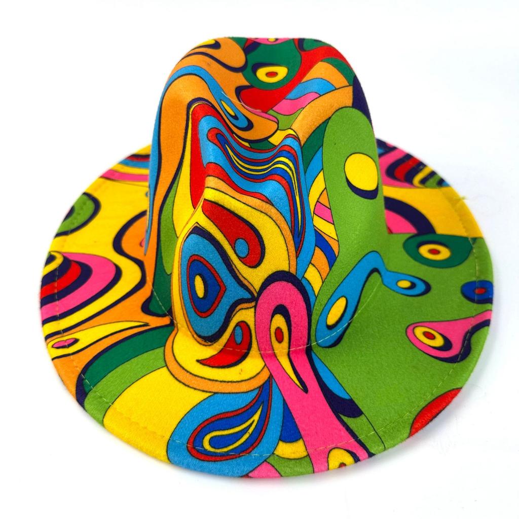 European And American Style Graffiti Printing Big Brim Woolen Felt Hat Men'S And Women'S Pattern Top Hat European And American New Jazz