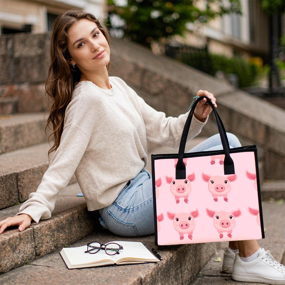 Cute Pink Pig Printed Women Tote Bag Fashion Casual Portable Daily Use Shopping Bag