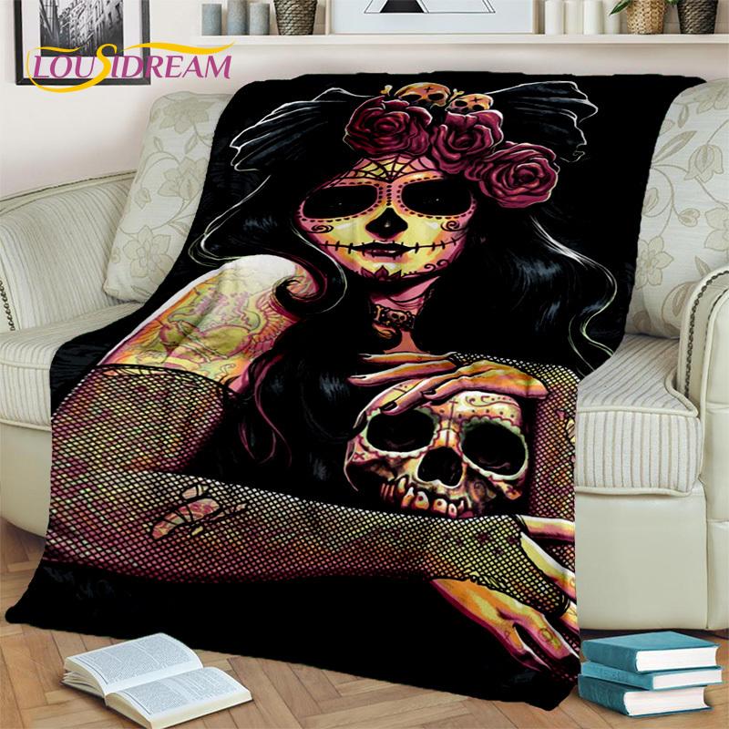 Horror Gothic Weiblicher Schädel Totes Mädchen Decke, Weiche Überwurfdecke für Zuhause Schlafzimmer Bett Sofa Picknick Reise Büro Überdecke Kind