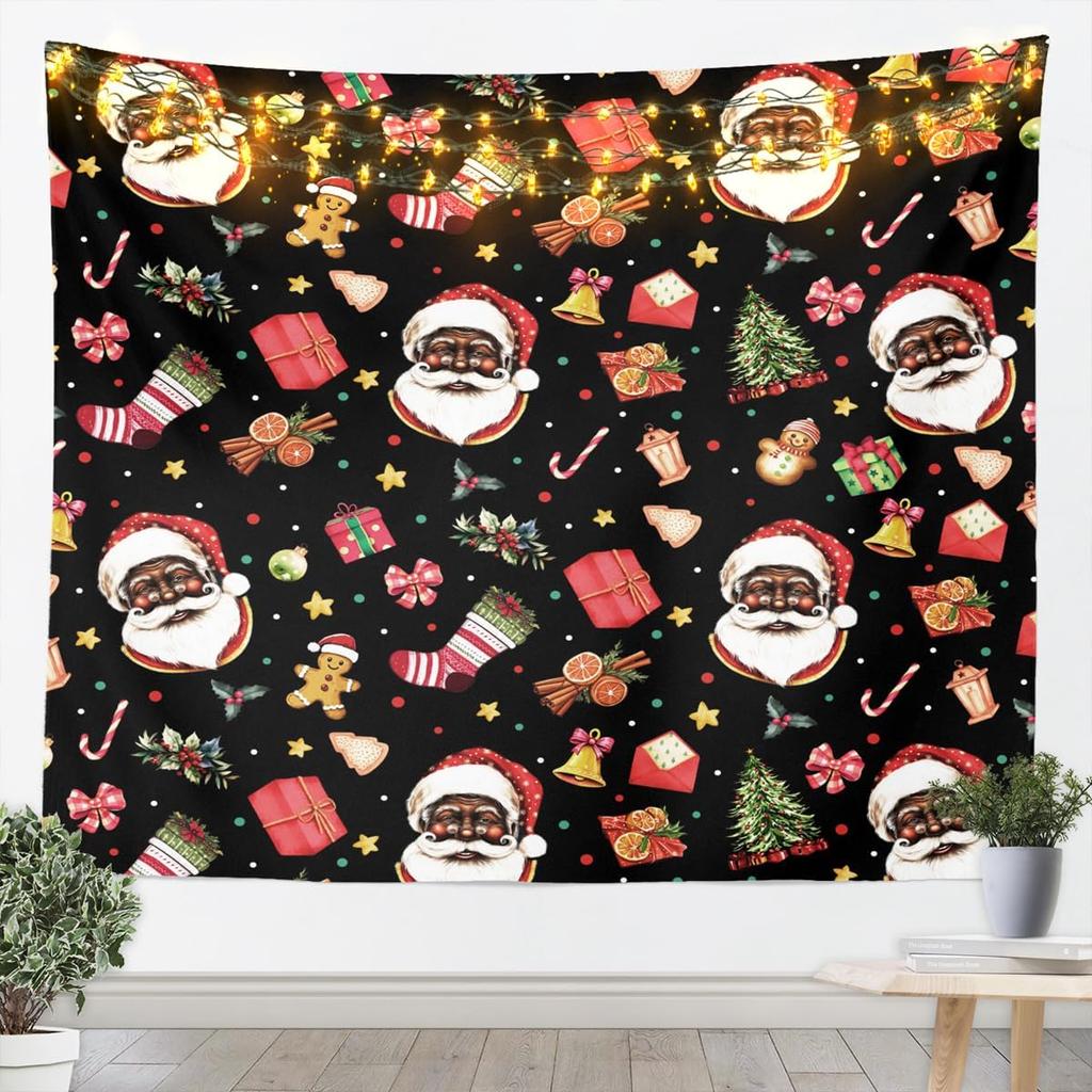 Black Santa Claus Tapestry Afro African American Wall Art Merry Christmas Wall Hanging Blanket for Living Room Bedroom Home