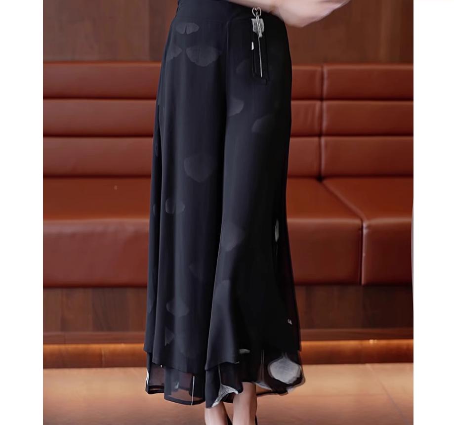 Women's Summer Chiffon Wide-Leg Culottes: High-Waisted, Split, Loose, Slimming, Nine-Tenths Length.