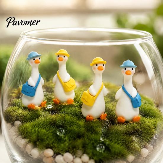 Holiday Decorations for Home 4Pcs Mini Goose Figurines, Miniature Geese Statues with Hat & Bag, Tiny Resin Animal Cute Room Decor Micro Landscape