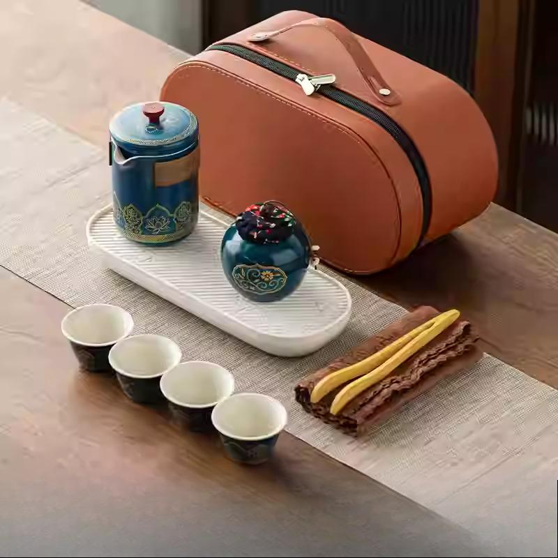 Outdoor Travel Tea Set Home One Pot Four Cups Portable Storage Bag Ceramic Quick Cup Brewing Teapot Tea Cups
