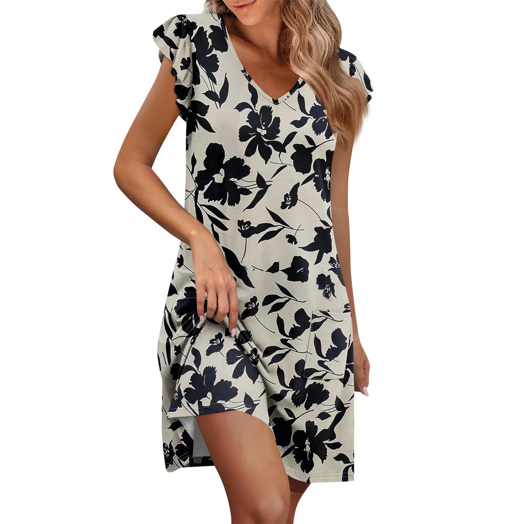 Womens Summer Dress Ruffle Sleeve V Neck Short Dresses Fashion Casual Flowy A Line Swing Sundress With Pocket