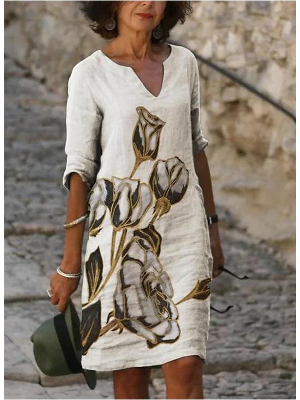 2025 Spring/Summer V-Neck Retro Print Dress for Middle-Aged Women