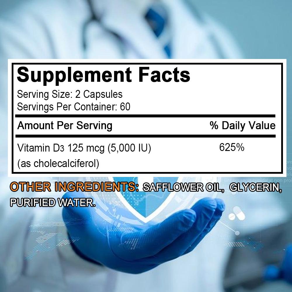 Vitamin D3 125mcg (5000 IU) Capsule 120 Count Dietary Supplement