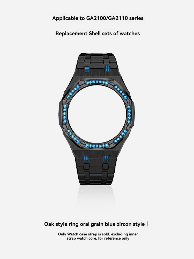 For Casio Octagonal Sport Watch GA2100/GA2110/GA-B2100 Modified Stainless Steel Metal Blue Diamond Case Strap Set Accessories