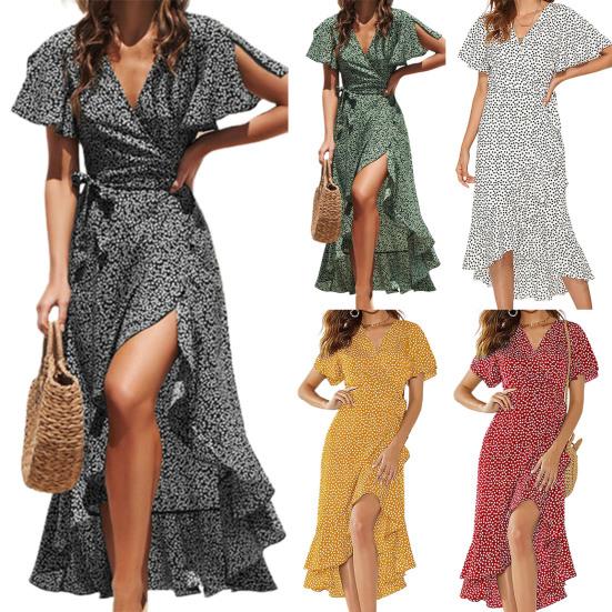 Women Dress Ruffles V-Neck Comfy Ankle-Length Wrap Women Dress for Summer