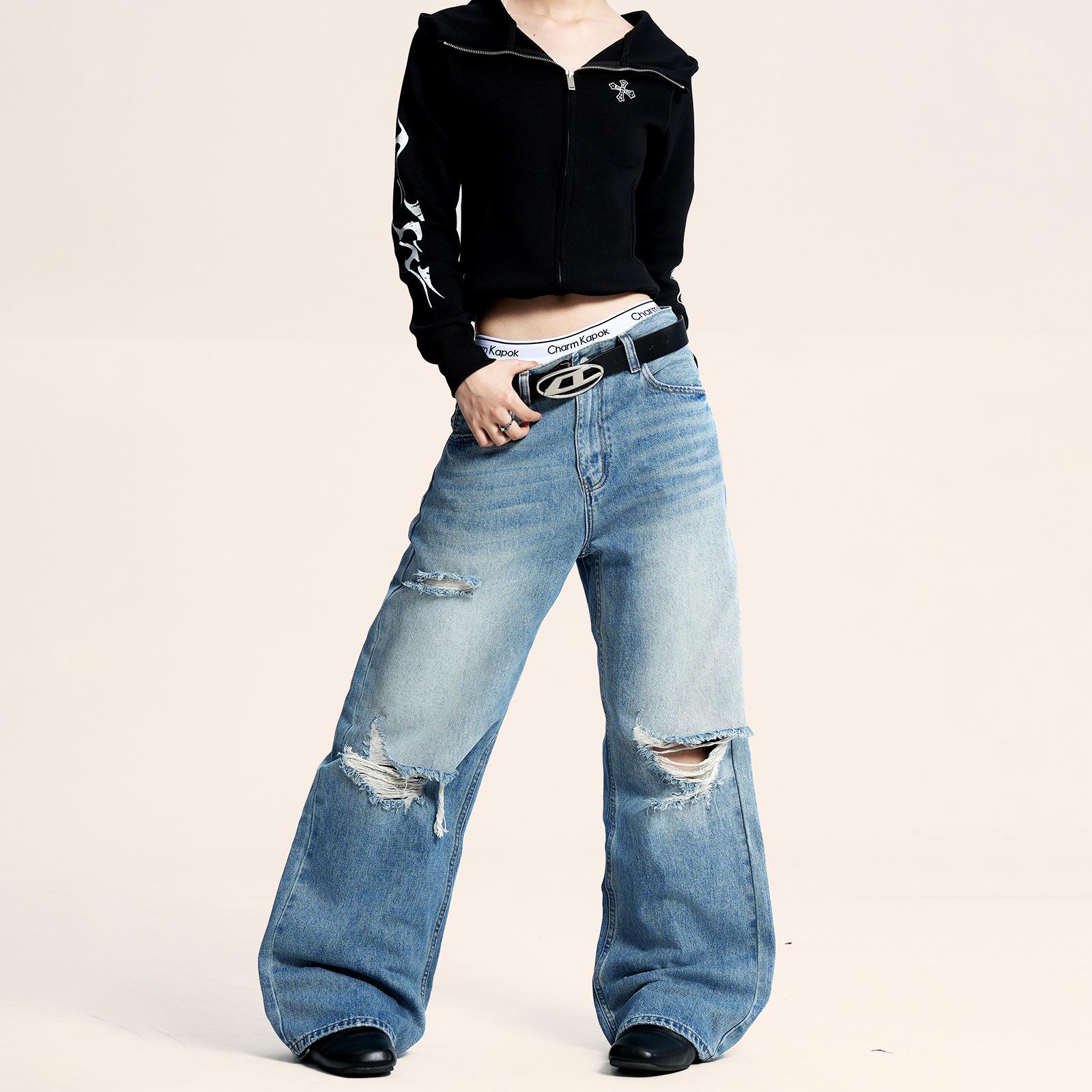 

Yongfang Унисекс Уличный Повседневный Свободный Синий Рваный Джинс с Дизайном Кошачьих Усов - Длина в Пол. M