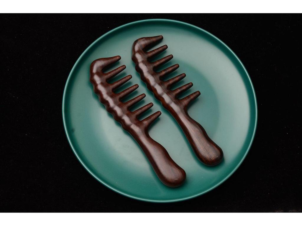 Ebony Ash Wood Wide-Tooth Meridian Massage Comb with Round Drum Handle