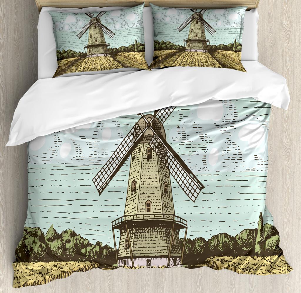 Windmill Duvet Cover Set Farmhouse Style 2/3pcs Bedding Set, Queen/King/Full/Twin Microfiber Quilt Cover for Girls Boys Bedroom