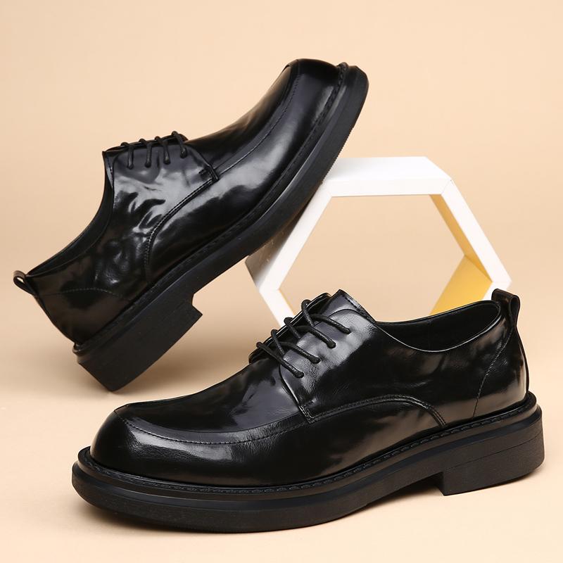 Autumn New Men's Round Toe Thick Soled Derby Shoes Fashion  Men's Comfortable Lace Up Leather Business Dress Shoes