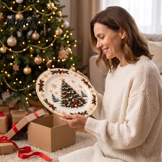 Round Plate Decor Wooden Christmas Plate, Santa Snowman Stocking Tree Bell Sleigh Dish Xmas Party Supplies Decor, Tabletop Ornament for Home