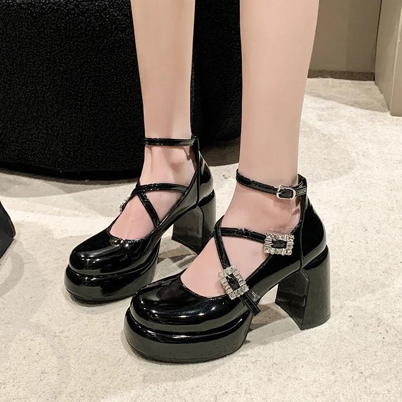 2024 New Hot Selling Solid Color Fashionable Square Heel Rhinestone Buckle Women's Heeled Single Shoes Banquet Party Zapatos