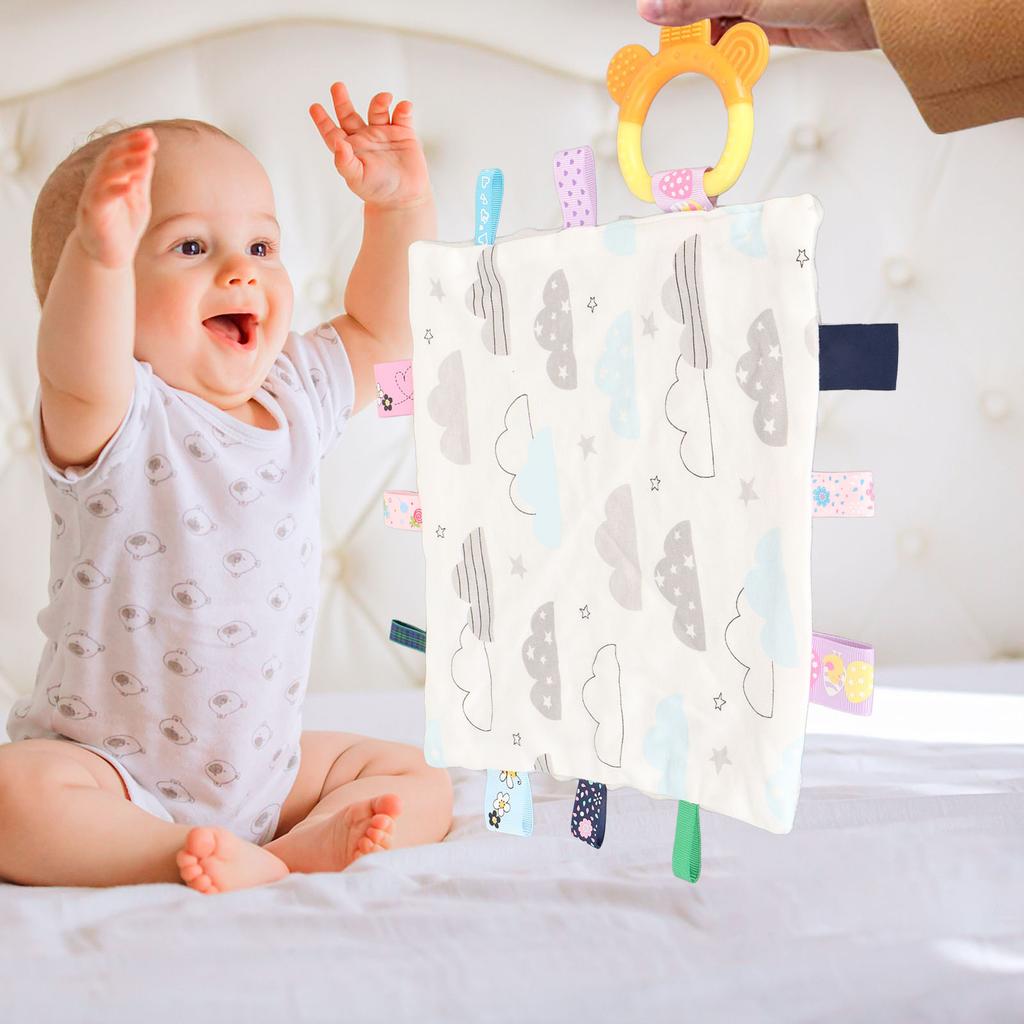 Babyetiketten Sicherheitsdecke Weiche Baumwolle Niedliches Wolkenmuster Beruhigende sensorische Decke mit Beißring