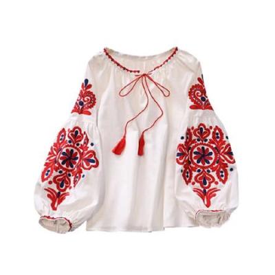 Sweet Style Women Pullover Shirts Embroidery Patchwork Bandage V Neck Lantern Sleeve Spring Summer Blouse