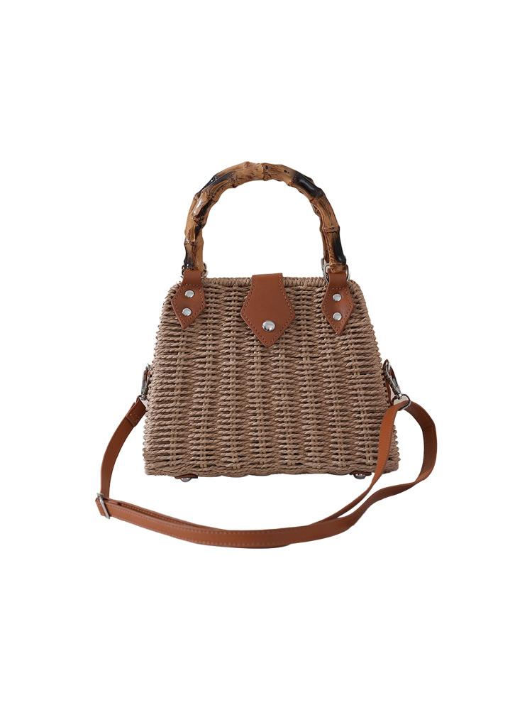 Borsa intrecciata in paglia vintage con manico in bambù, Borsa a tracolla e a mano 2 in 1, Borsa tote bohémien da donna per il pendolarismo