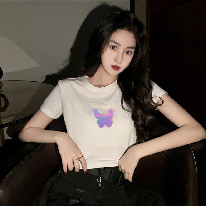 New Summer Internet Celebrity Couple Outfit Reflective Butterfly Short-sleeved T-shirt for Women Short-sleeved Students
