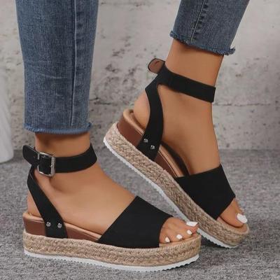 Sandales compensées en corde de chanvre: Escarpins peep-toe pour femmes, semelle épaisse, bride à boucle