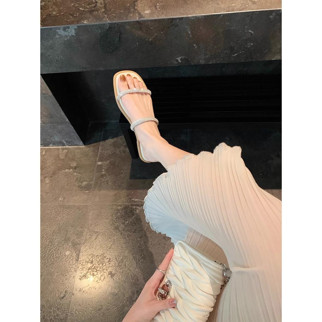 Sheepskin Version~ Simple Square Head Sparkling Double Word with Flat Bottom Padded Slippers for Women