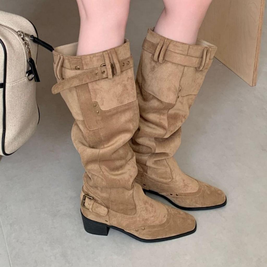 In-Stock Western Suede Cowboy Boots: Wide Shaft, Chunky Heel, Square Toe, Versatile, Wrinkled Slouch Design