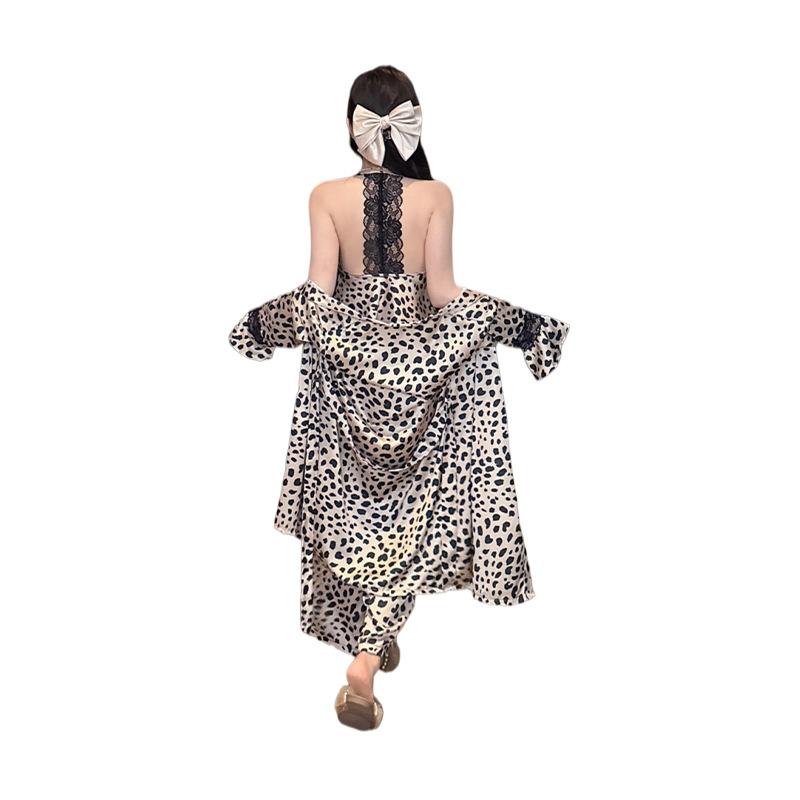 French Pure Desire Light Luxury Leopard Print Ice and Snow Silk Pajamas Women's Spring and Summer New Suspender Trousers Loungewear Set Can Be Outside
