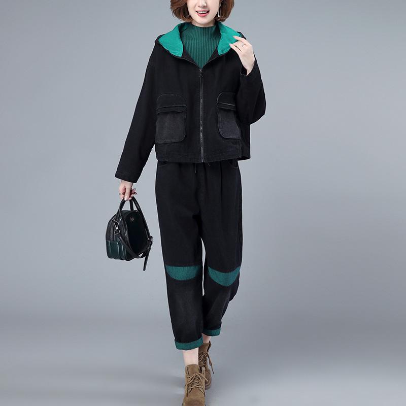 Costum de blugi gros pentru femei 2024: Modă Toamnă/Iarnă, Set Elegant Casual din Două Piese pentru Mame de Vârstă Mijlocie și Vârstnice