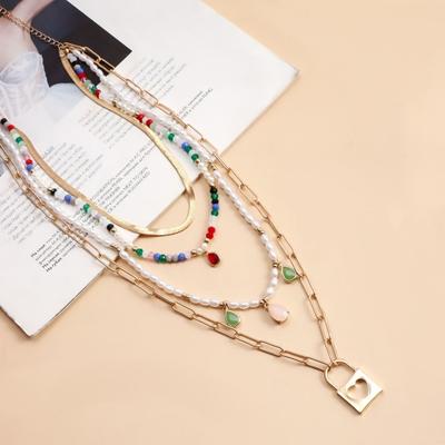 Yousheng Boho Mehrschichtige Perlenkette Bunte Perlen Paperclip Kette Geflochtene Choker Kette Ethnischer Modeschmuck für Damen Mädchen