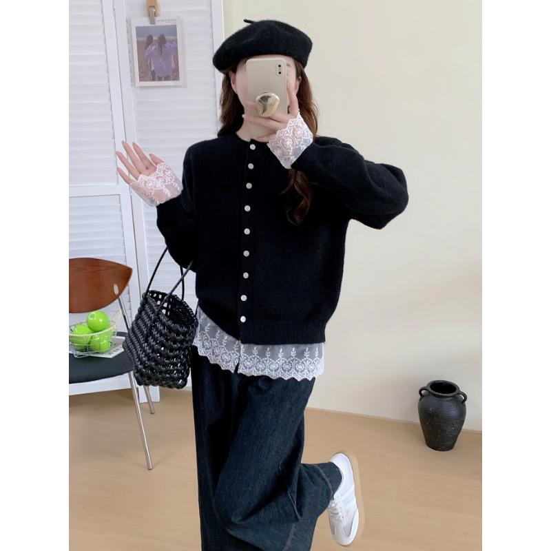 

Женский трикотажный кардиган-жакет на осень и зиму, новый сезон, модный универсальный дизайн, кружевные вставки, вязаный кардиган-топ для женщин One size чёрный