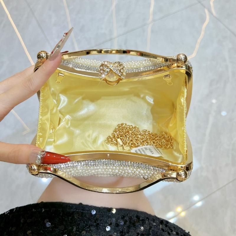 Evening Dress Bag with Pearl and Diamond Inlay, Small Chloé Fashion Handbag, Women's Chain Crossbody Bag