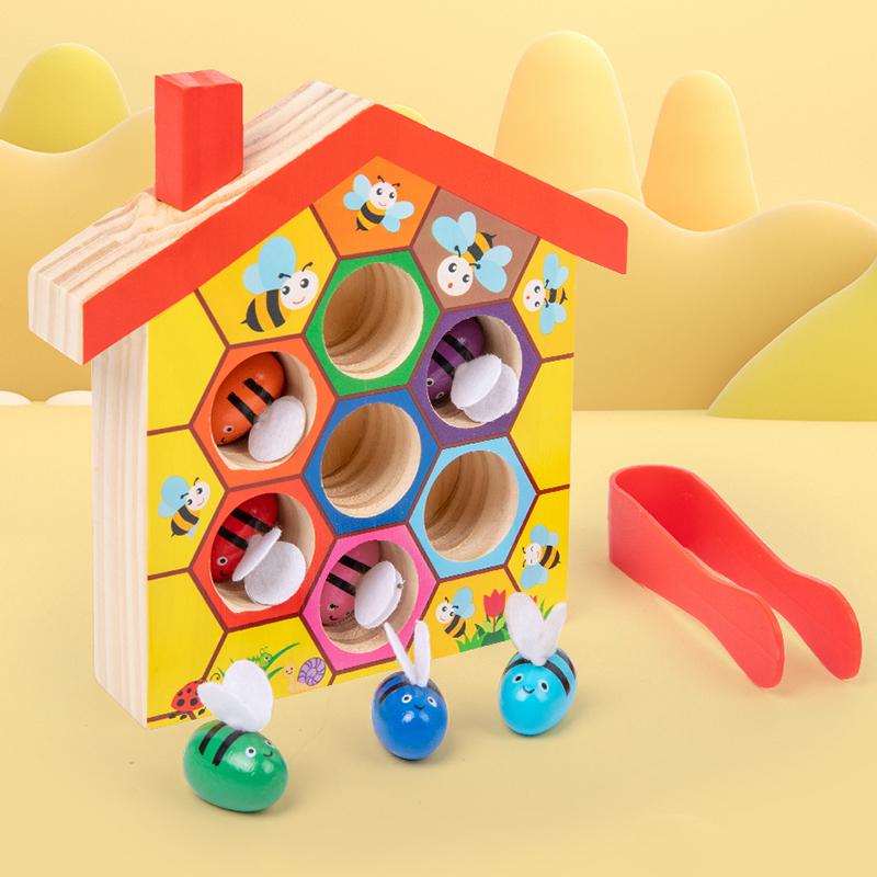 Montessori Bee Trap Game Wooden Bee House Clamp Bee to Hive Matching Game Color Sorting Puzzle Fine Motor Training Game for Kids