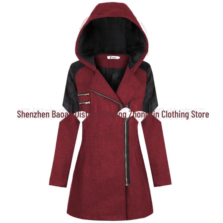 Warm Winter Coat Women Mid Length Woolen Hooded Windbreaker with Oblique Zipper