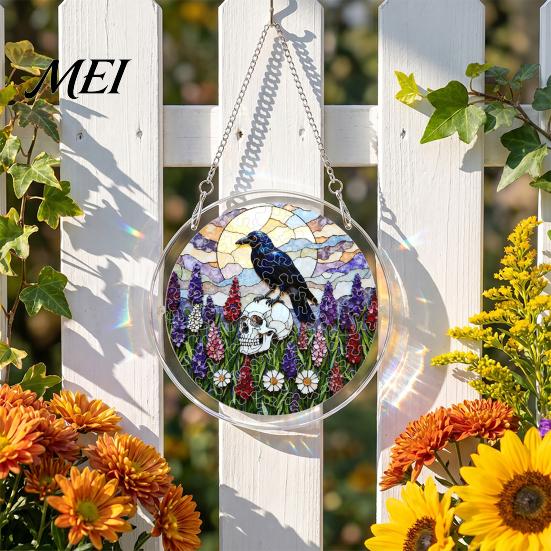 Decorative Glass Effect Pendant Halloween Acrylic Puzzle Window Suncatcher, Stained Style Hanging Ornament Retro Skeleton Pumpkin Crow with