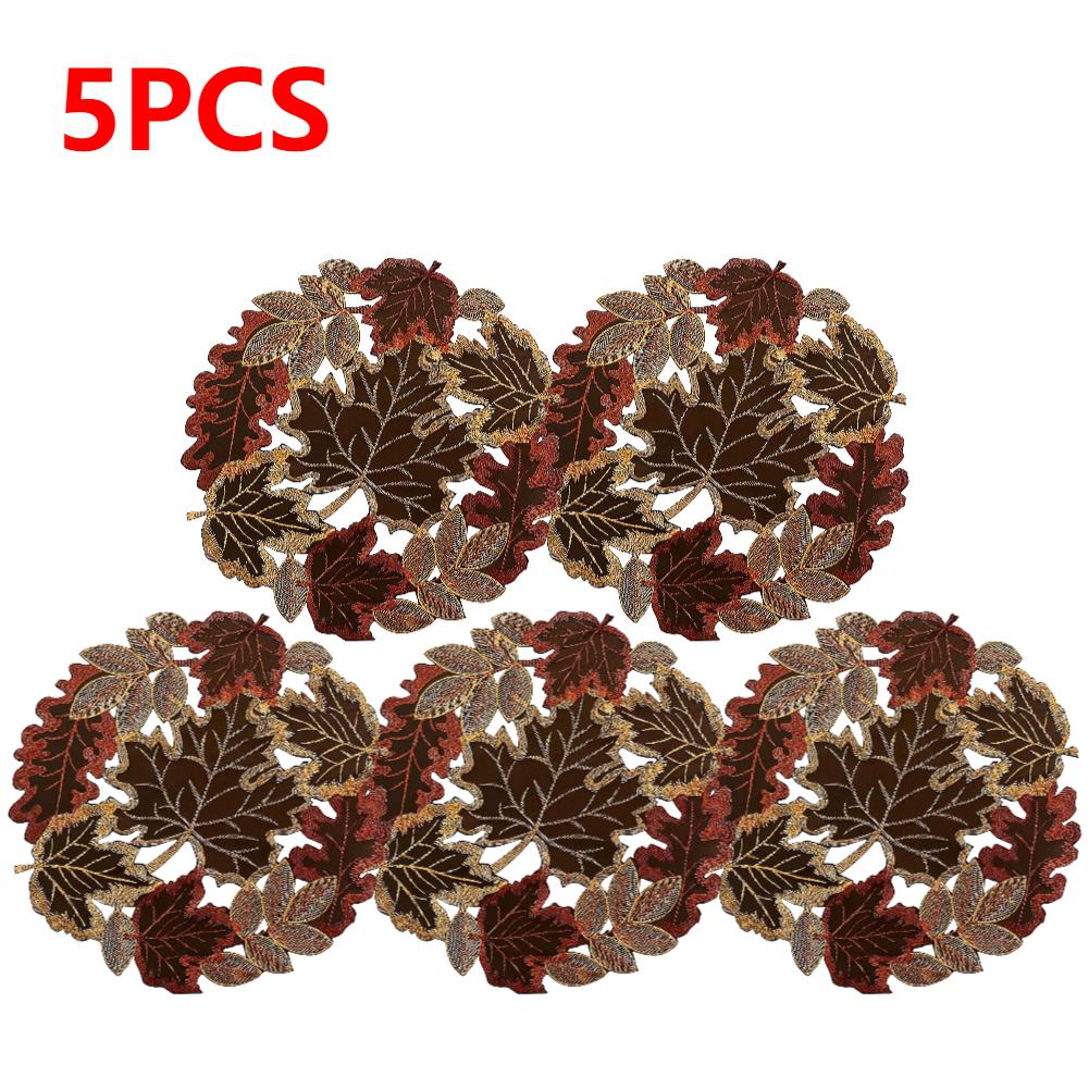 1-5pcs Maple Leaf Placemats Embroidered Table Runner Flocked Brown Maple Rustic Farmhouse Thanksgiving Harvest Decor 35x35cm