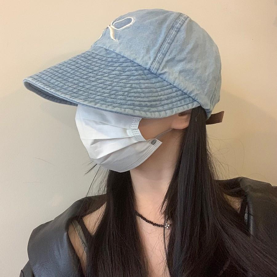 Denim Fashion Women Embroidered Bow Pattern Wide Brim Fisherman Sunshade Hat