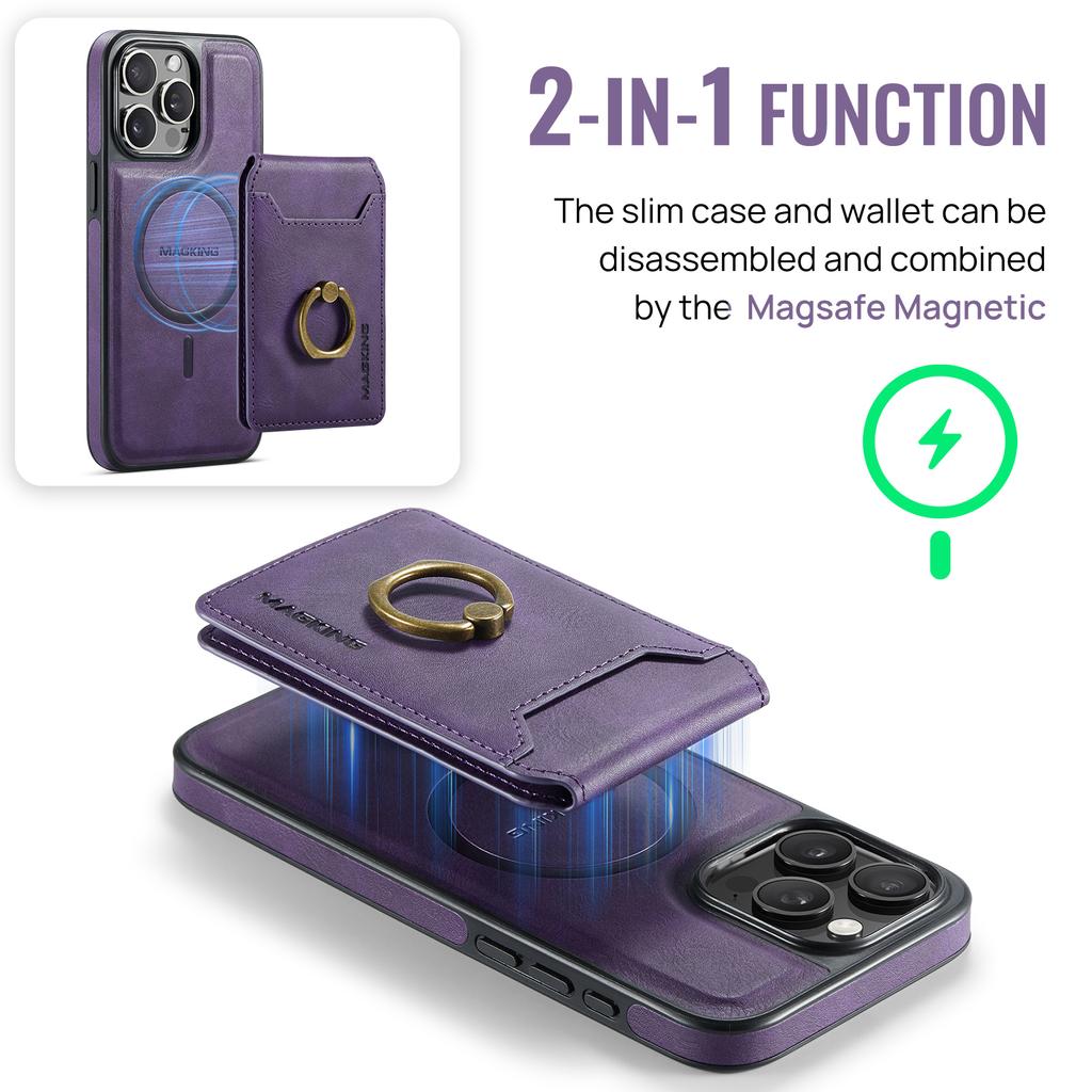 MAGKING K1 Series For iPhone 12/12 Pro Magnetic Case PC+TPU+PU Phone Cover with Card Holder Kickstand