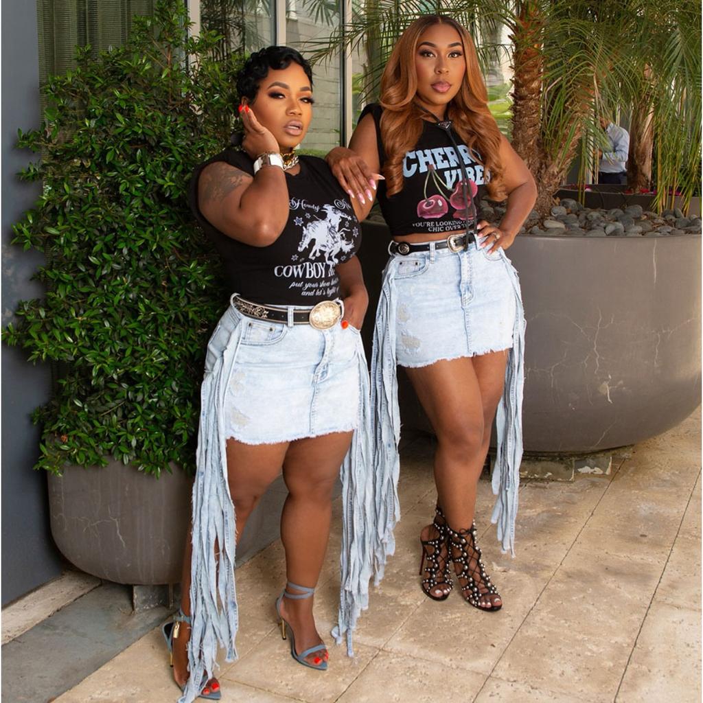 Women's High Waist Skinny Mini Skirt Fringe Distressed Denim Skirt Streetwear Sexy Two Piece Skirt