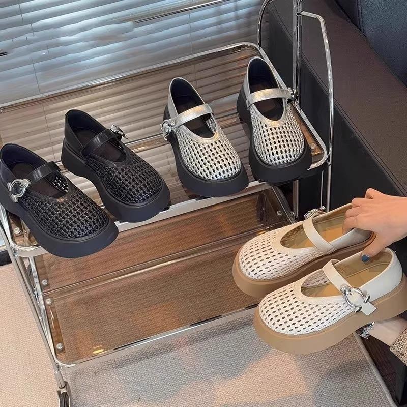 Hollow woven breathable mesh shoes 2025 spring and summer new versatile loafers thick sole heightening shallow mouth Mary Jane single shoes