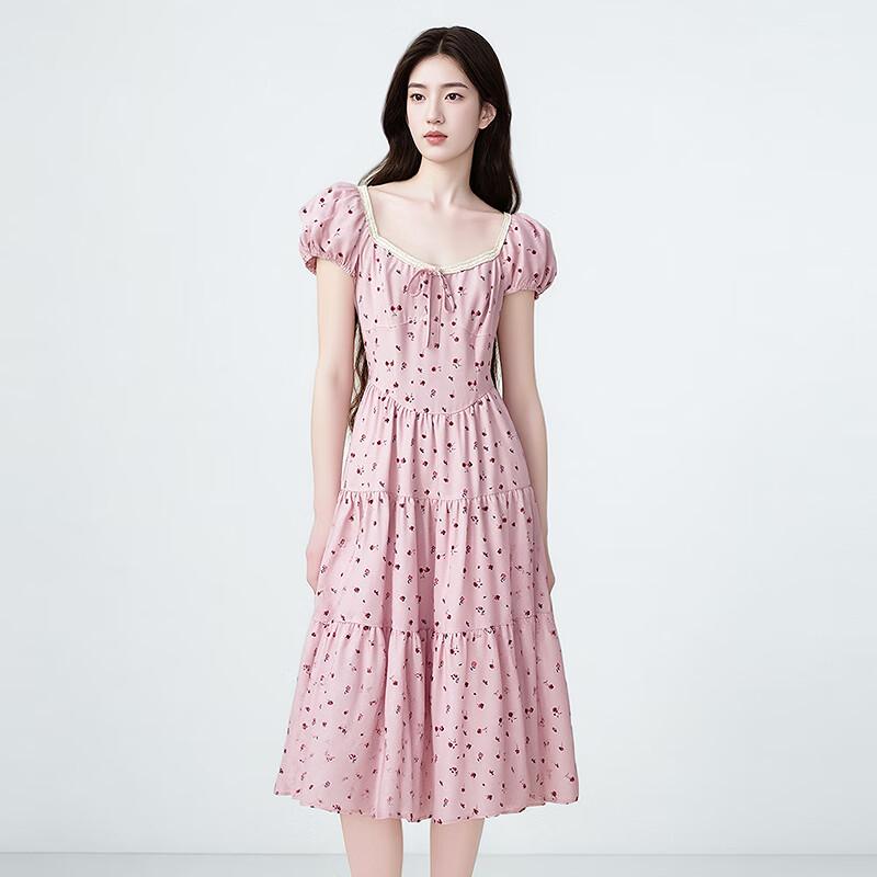 Ledin Pink Raspberry Floral Contrast French Short Sleeve Dress