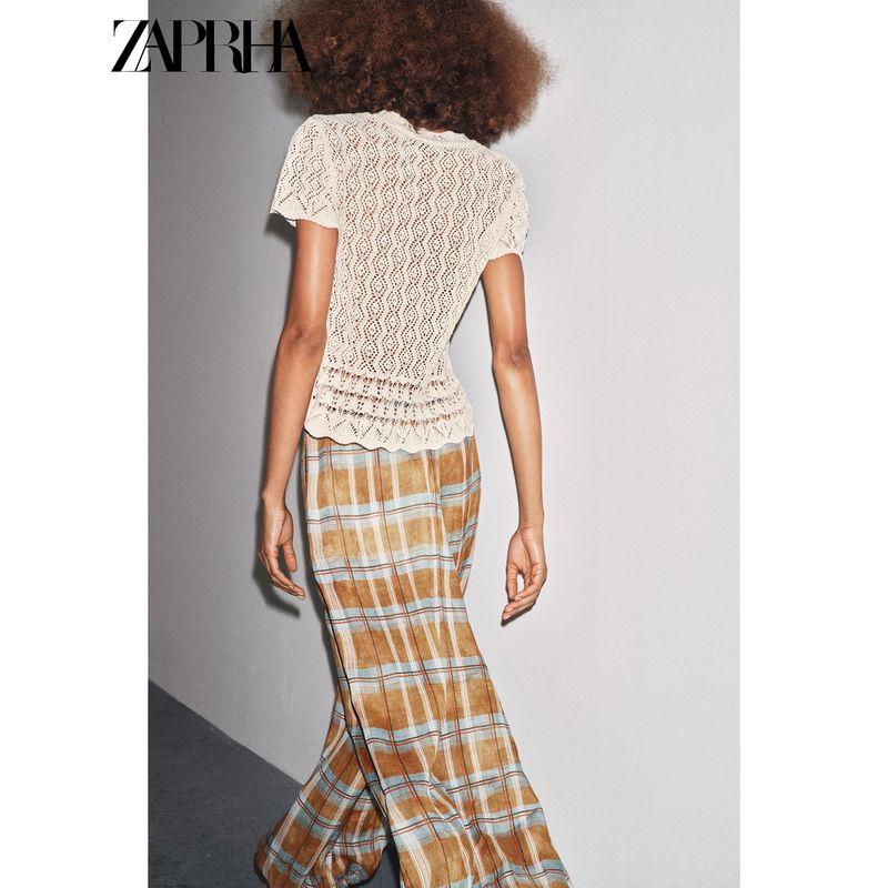 Zaprha 2025 Autumn New Women Versitile Fashion Mesh Hollow Knitted Round Neck Short Sleeve Top 6236104