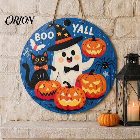 Halloween Wooden Hanging Sign Boo Wood Door Hanger with Cute Ghost Black Hat Pumpkin Print, Front Cat Wall Decor Porch Decor, Round Plaque for Indoor