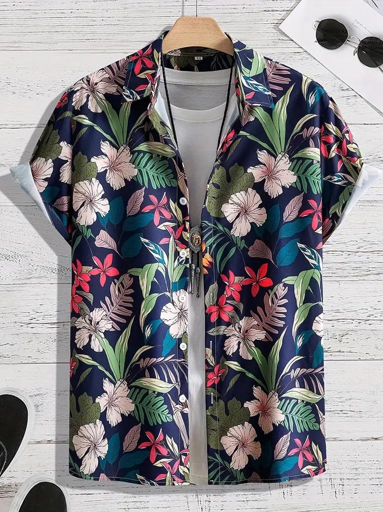 Summer Essential! Tropical Sunset Sailing Print Short Sleeve Shirt, Casual Beach Shirt