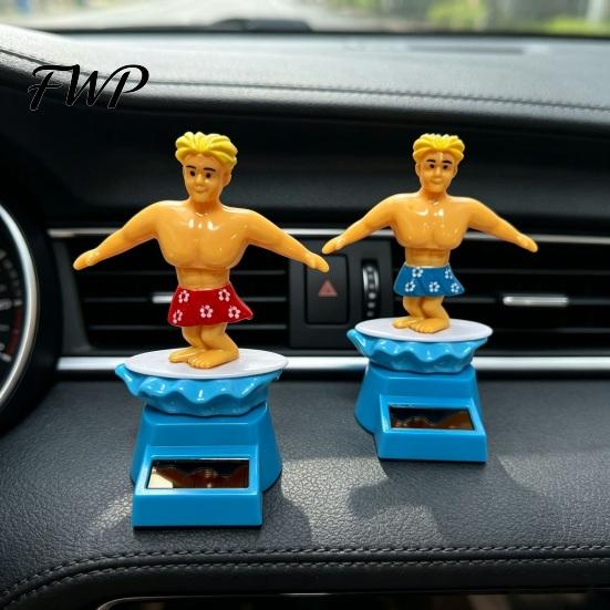 Dynamiczna ozdoba do samochodu Chłopiec Surfer Solarna Kiwająca Zabawka, Kreskówkowy Bobblehead dla Czerwono-Niebieskiej Figurki Deska Rozdzielcza, Samochodowa Huśtająca się Potrząsana Figurka Biuro