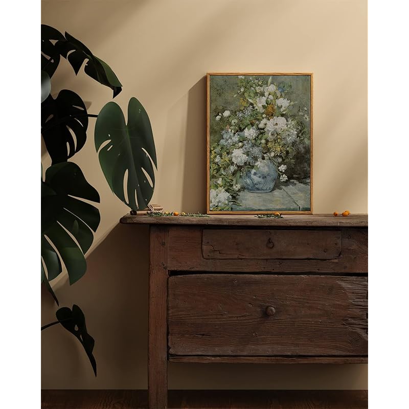 ARPEOTCY Framed Canvas Print Wall Art Decor, French Vintage Flower Wall Art Home Decor, Ceramic Vase Floral Oil Painting 12 x16