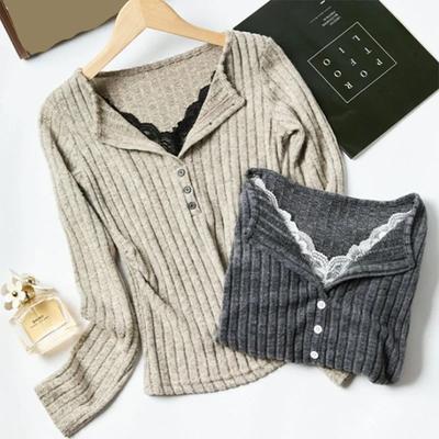 Vintage Kant Patchwork Trui Dames Koreaanse Gestreepte Gebreide Jumpers Dames Mode Slim Elastische Basis Gebreide Kleding